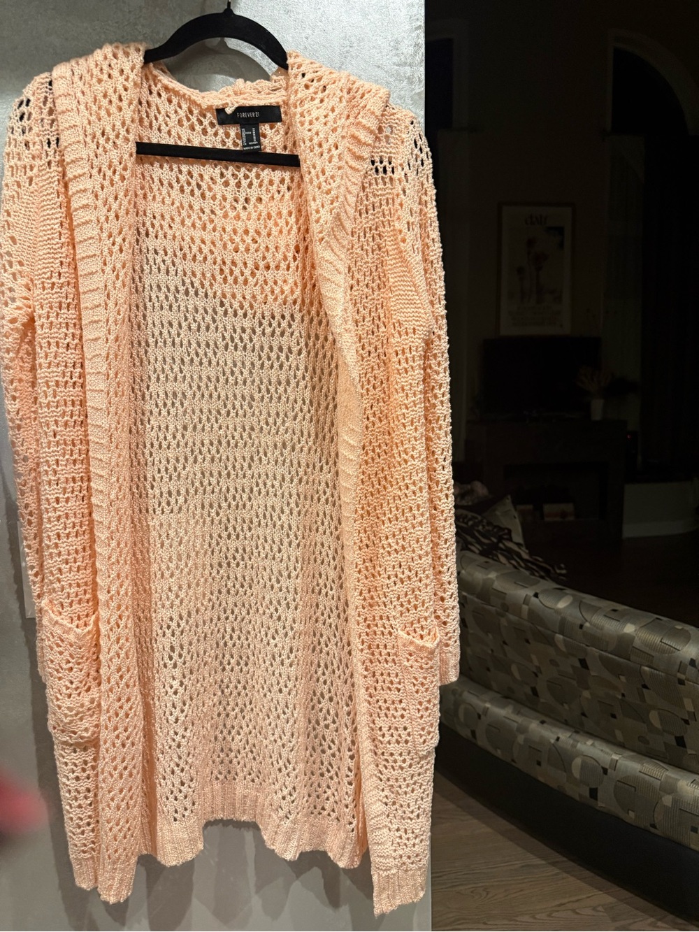 Forever 21 Peach Open-Weave Hooded Cardigan